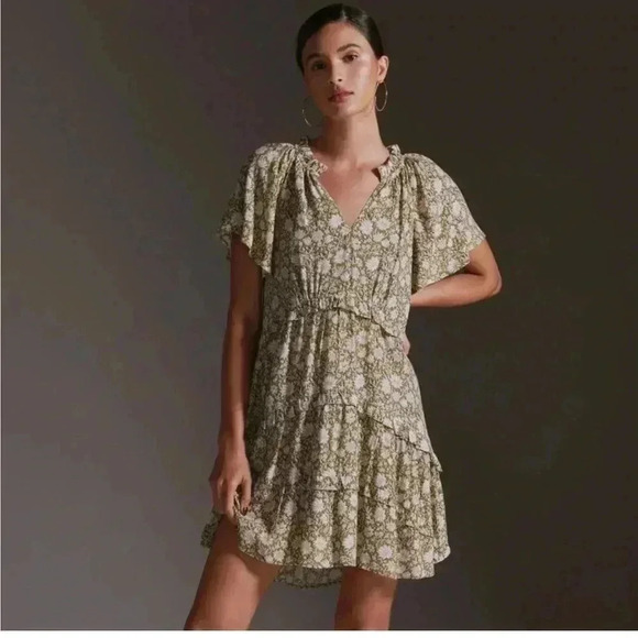Anthropologie Liberty Floral Ruffles Mini Tiered Dress- Moss SIZE XXS - Picture 1 of 6